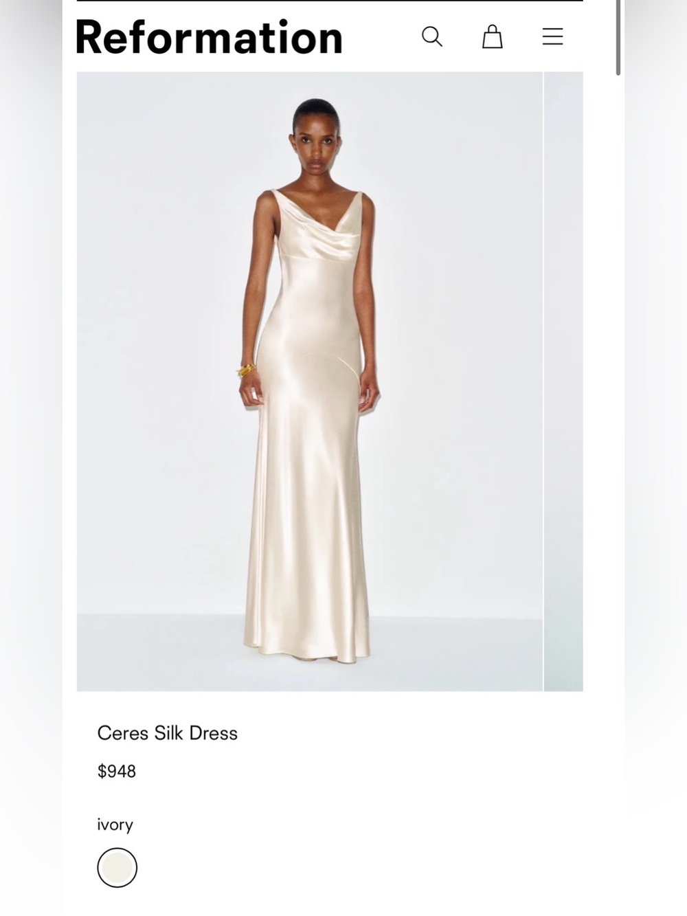 Reformation Ceres Ivory Silk Maci Wedding Dress Mermaid Gown Cowl Drape With Tag